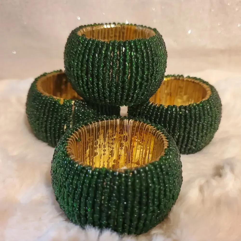 Pier 1 Set of 4 Beaded Green Napkin Rings / Holder